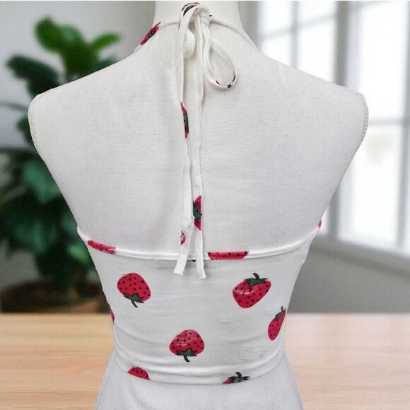 Shein ✦ Strawberry Print Halter Crop Top ✦ Tie-Back Cotton Blend White/Red M - Picture 3 of 11